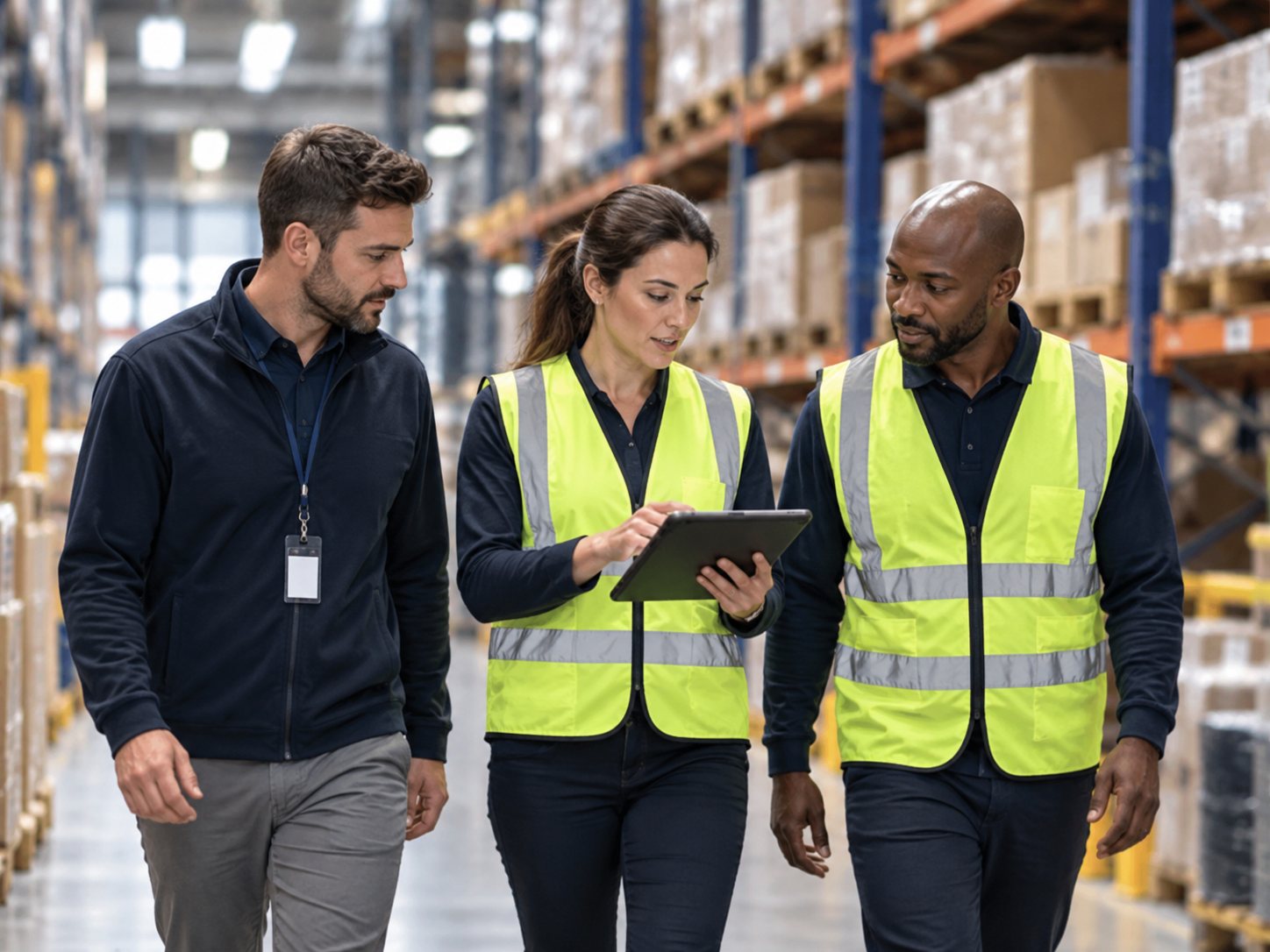 Équipe logistique en entrepôt consultant une tablette