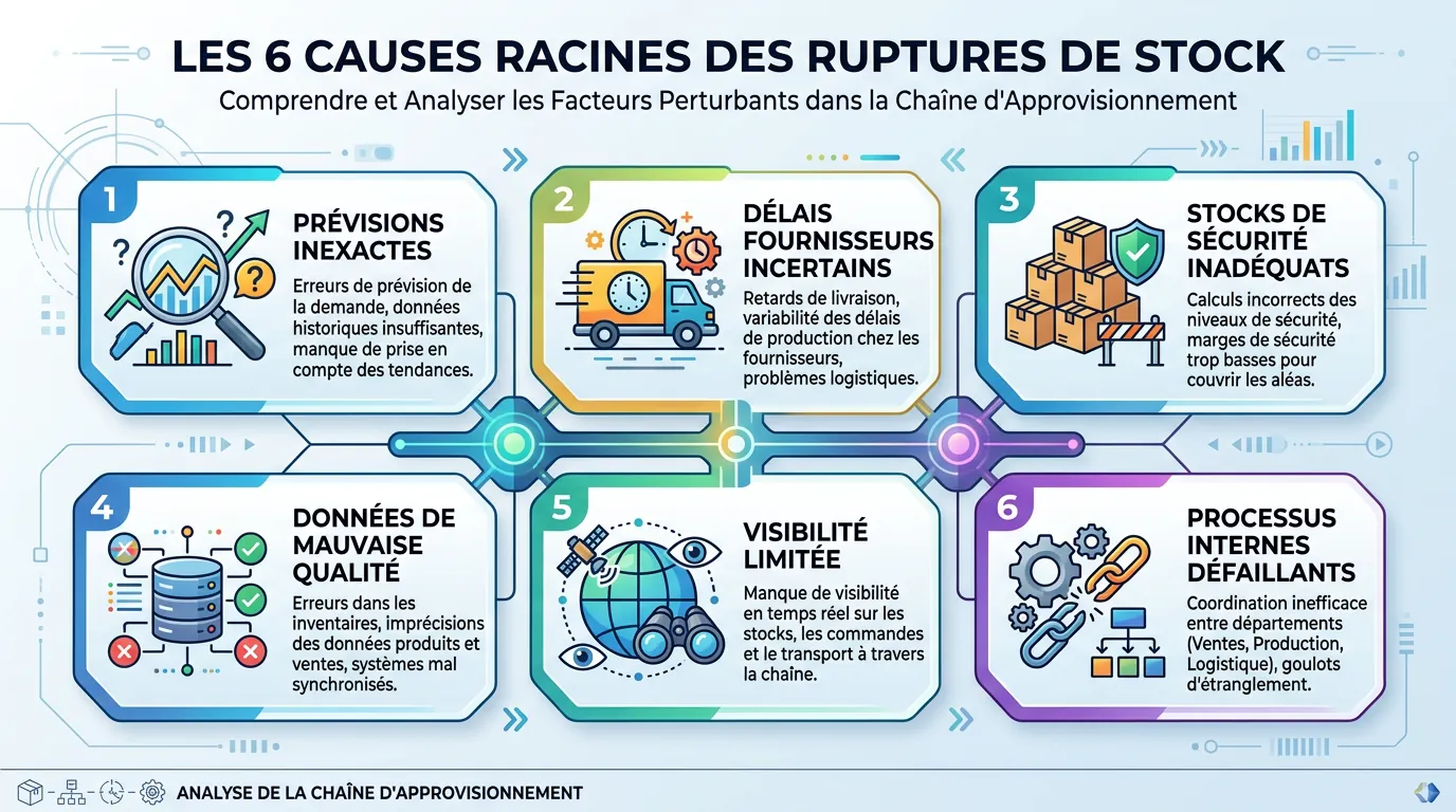 Les 6 causes racines des ruptures de stock : prévisions, délais, stocks de sécurité, données, visibilité, processus