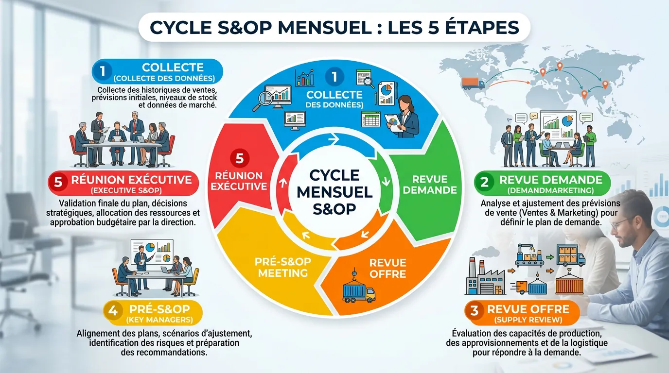 Le cycle S&OP en 5 étapes : collecte, revue demande, revue offre, pré-S&OP, réunion exécutive