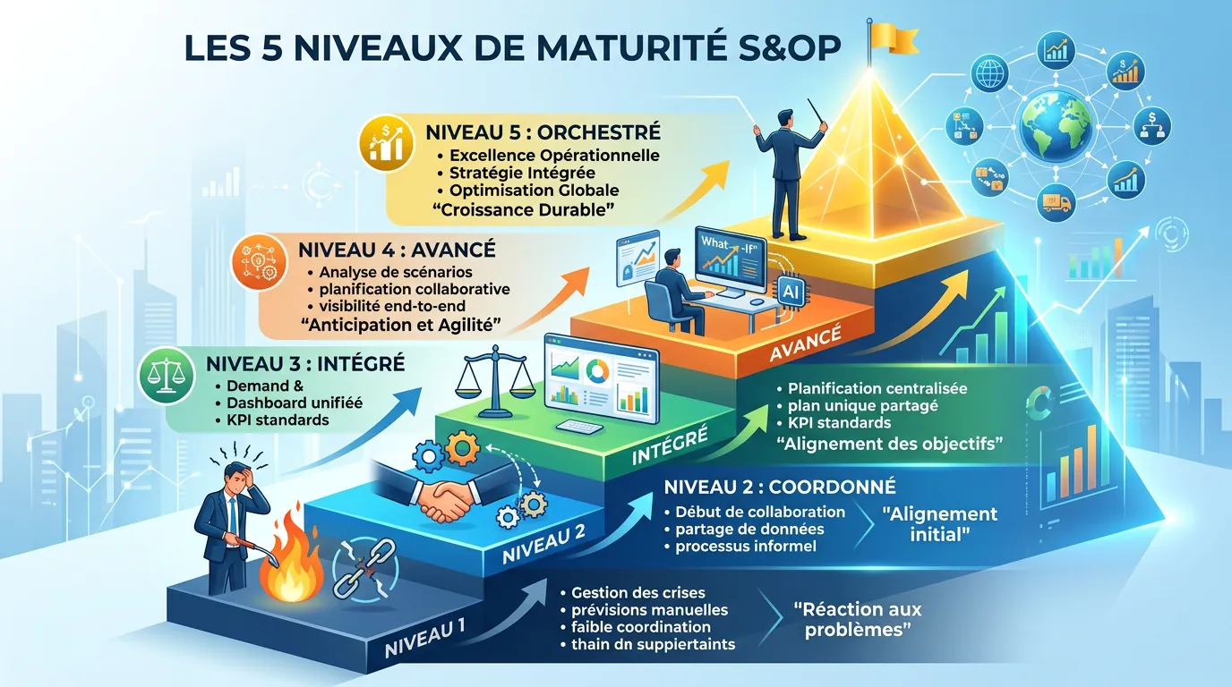 Les 5 niveaux de maturité S&OP selon Gartner : de React (niveau 1) à Orchestrate (niveau 5)