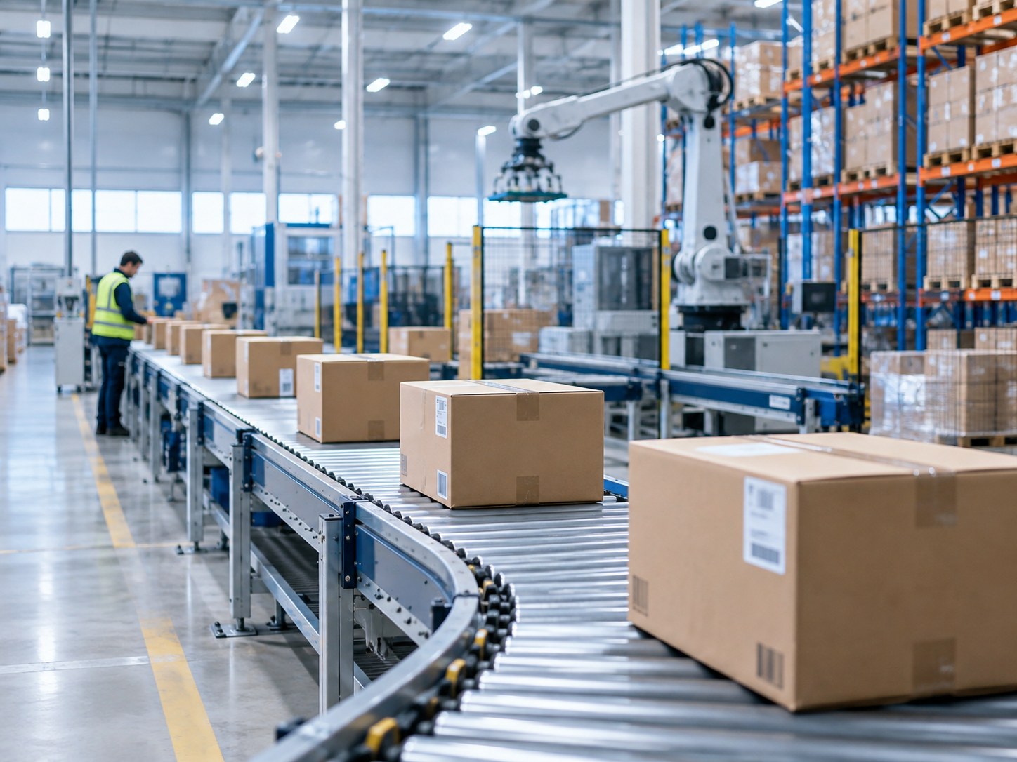 Colis sur un convoyeur de centre logistique automatisé