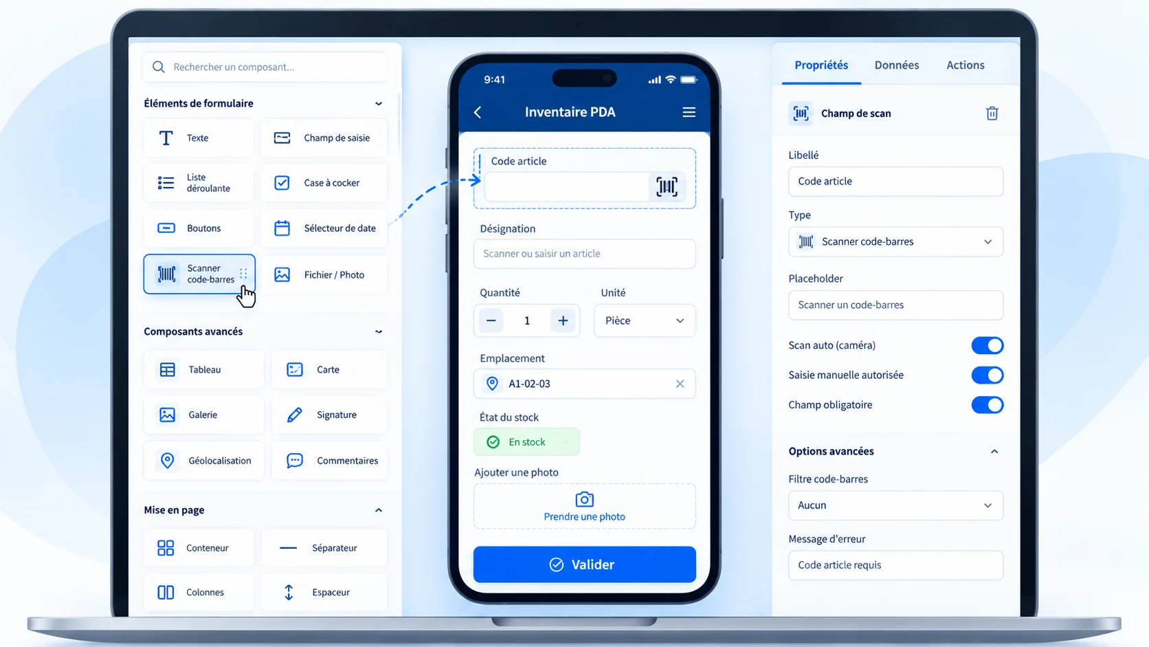Studio Builder PDA : composants, écran Inventaire PDA et propriétés