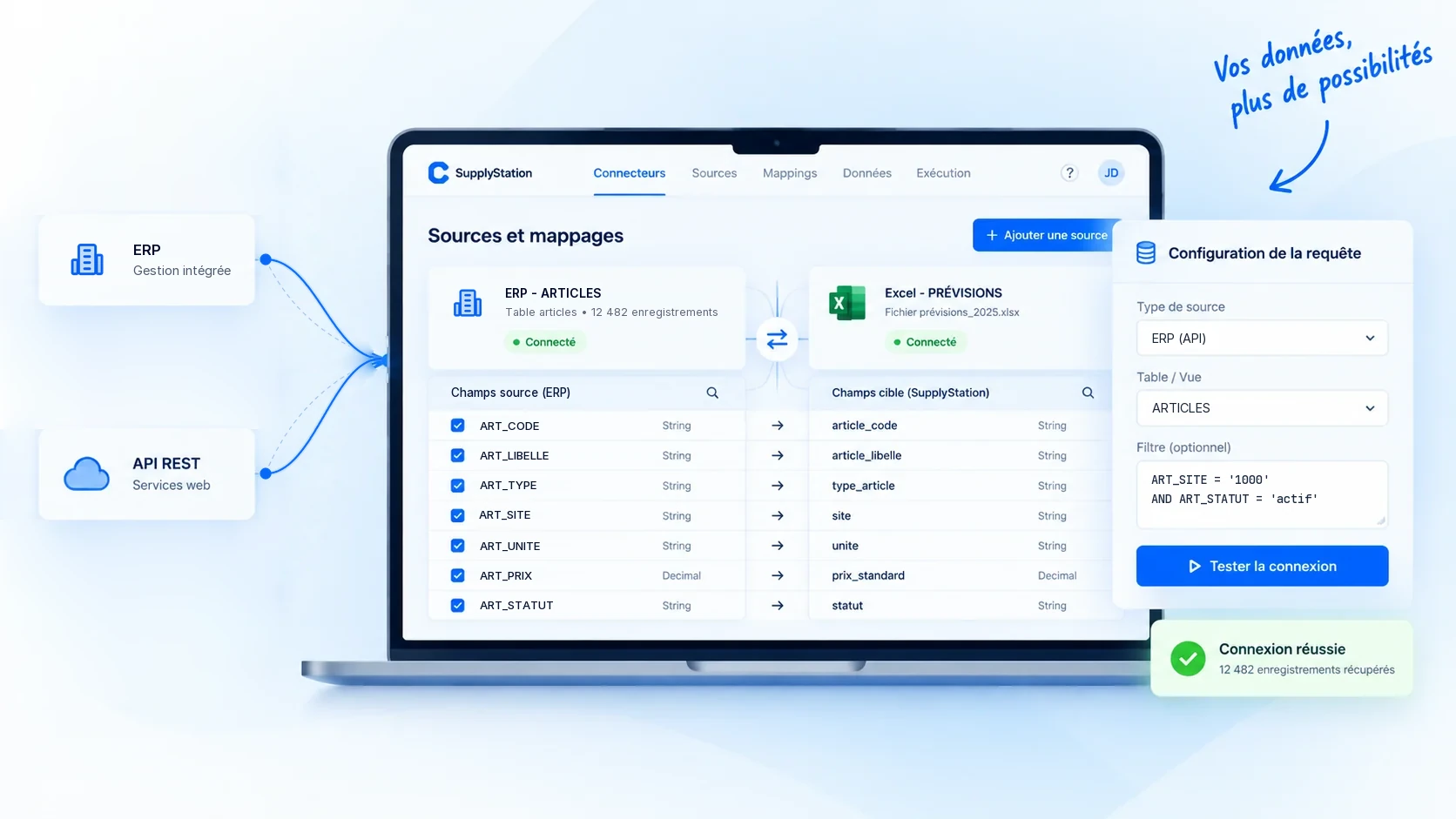 Sources et mappages de données du Builder PDA : connecteurs ERP et API REST, champs reliés à SupplyStation