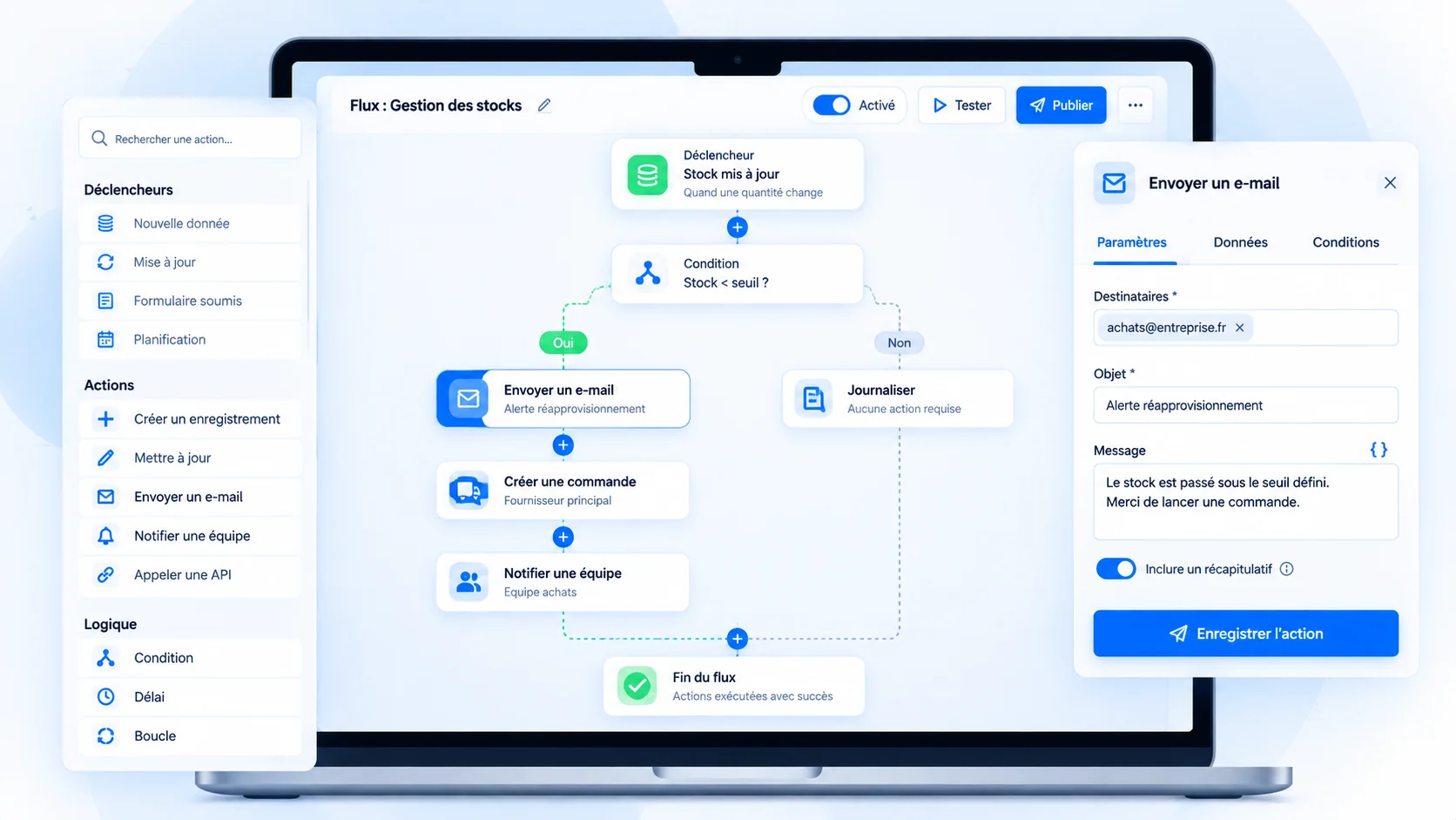 Éditeur de flux du Builder PDA : conditions, actions et envoi d’e-mail