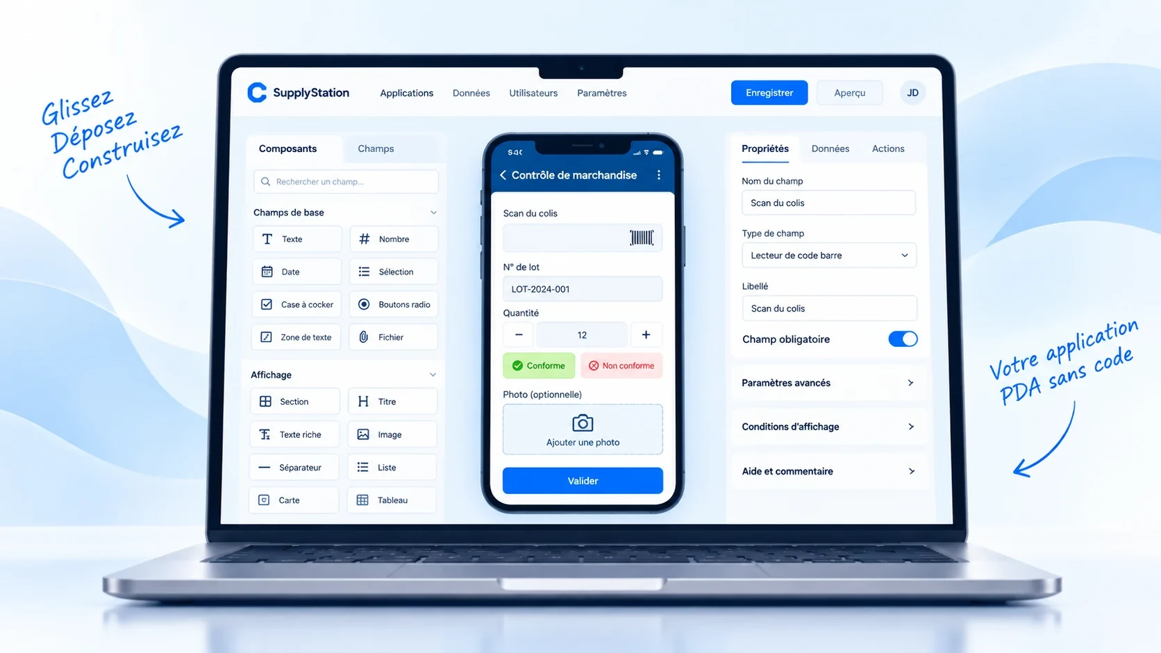 Studio Builder PDA sur un ordinateur portable : composants, écran Contrôle de marchandise et propriétés