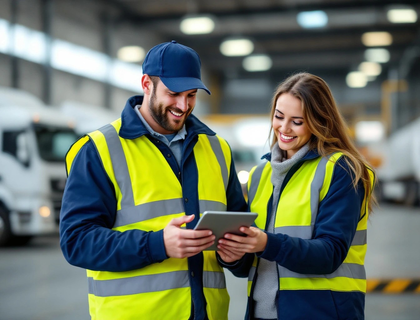 Un transporteur et une logisticienne consultent le portail sur une tablette