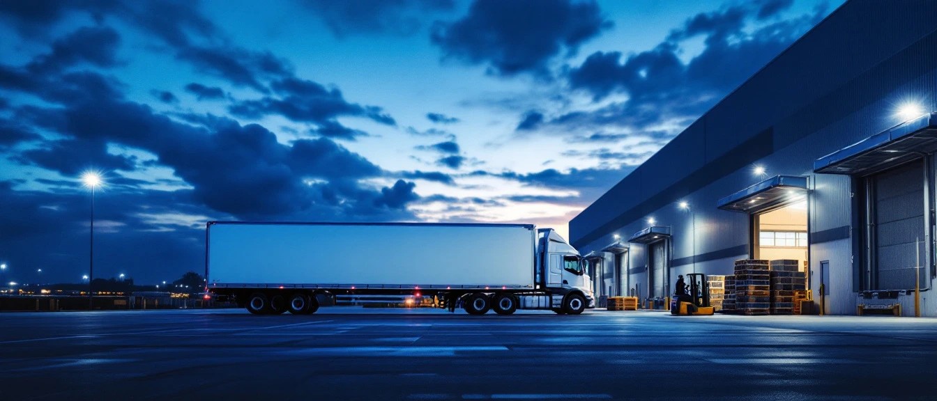 Camion à quai devant un entrepôt éclairé, de nuit