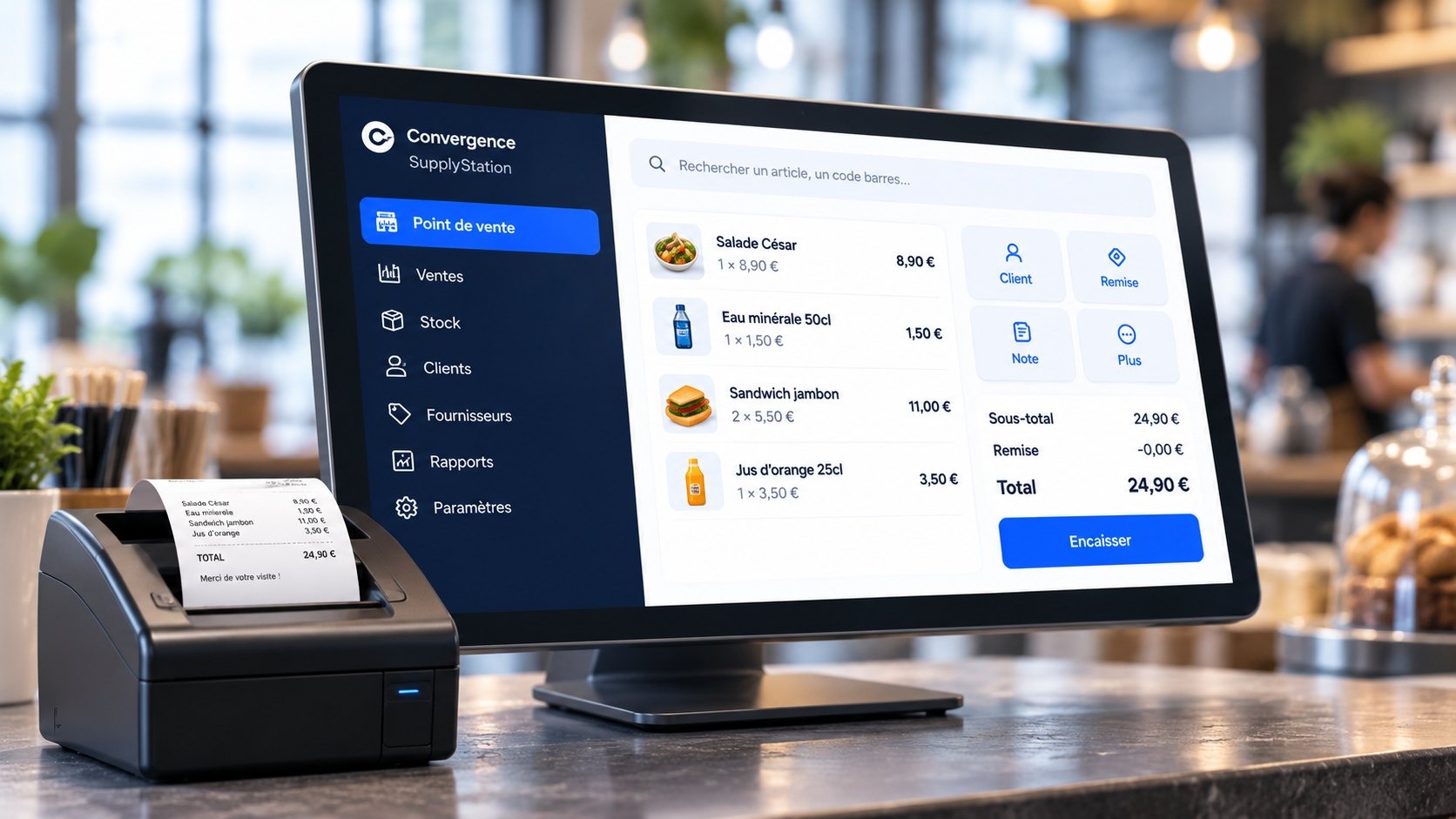 Écran de caisse SupplyStation avec imprimante de tickets, en magasin
