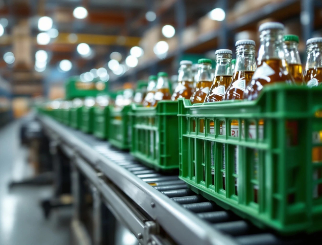 Caisses de bouteilles consignées sur un convoyeur