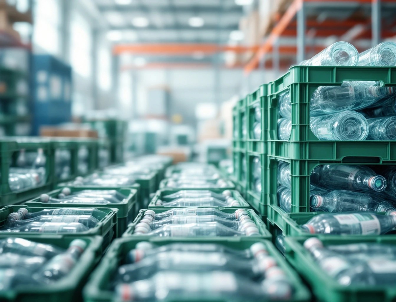 Caisses de bouteilles consignées empilées en entrepôt