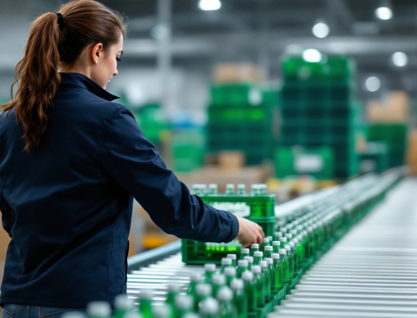 Opératrice triant des caisses de bouteilles consignées sur un convoyeur