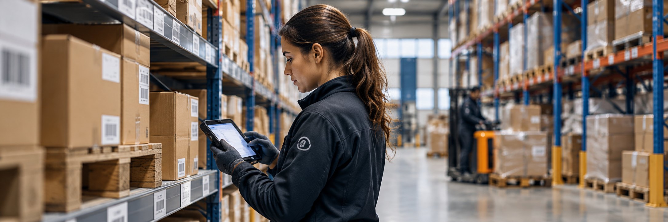 Logisticienne consultant SupplyStation sur tablette dans un entrepôt