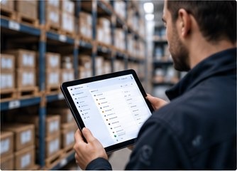 Opérateur consultant SupplyStation sur tablette en entrepôt